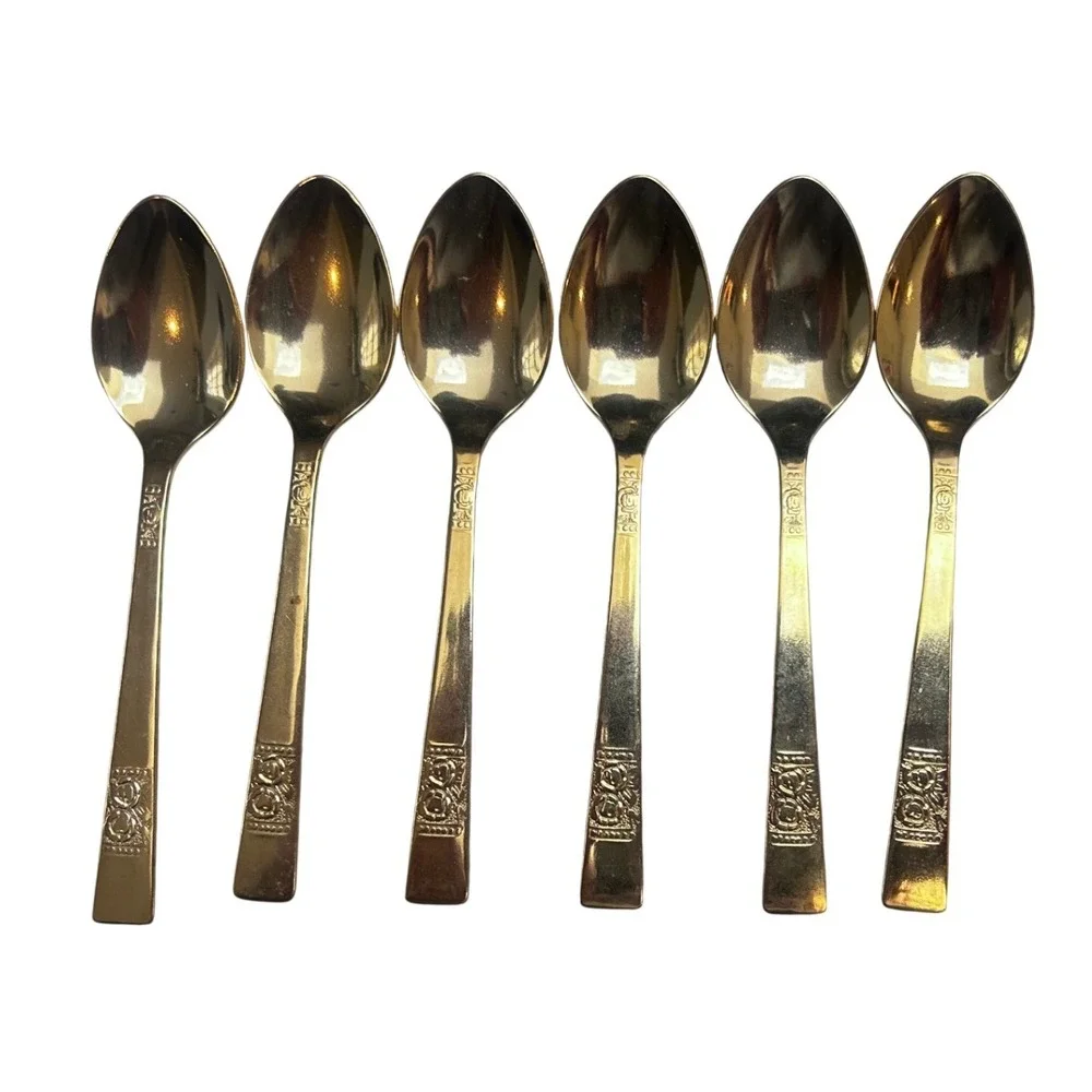 Vintage Gold Tone Stainless Steel Rose Floral Demitasse Set of 6 Japan 4.25